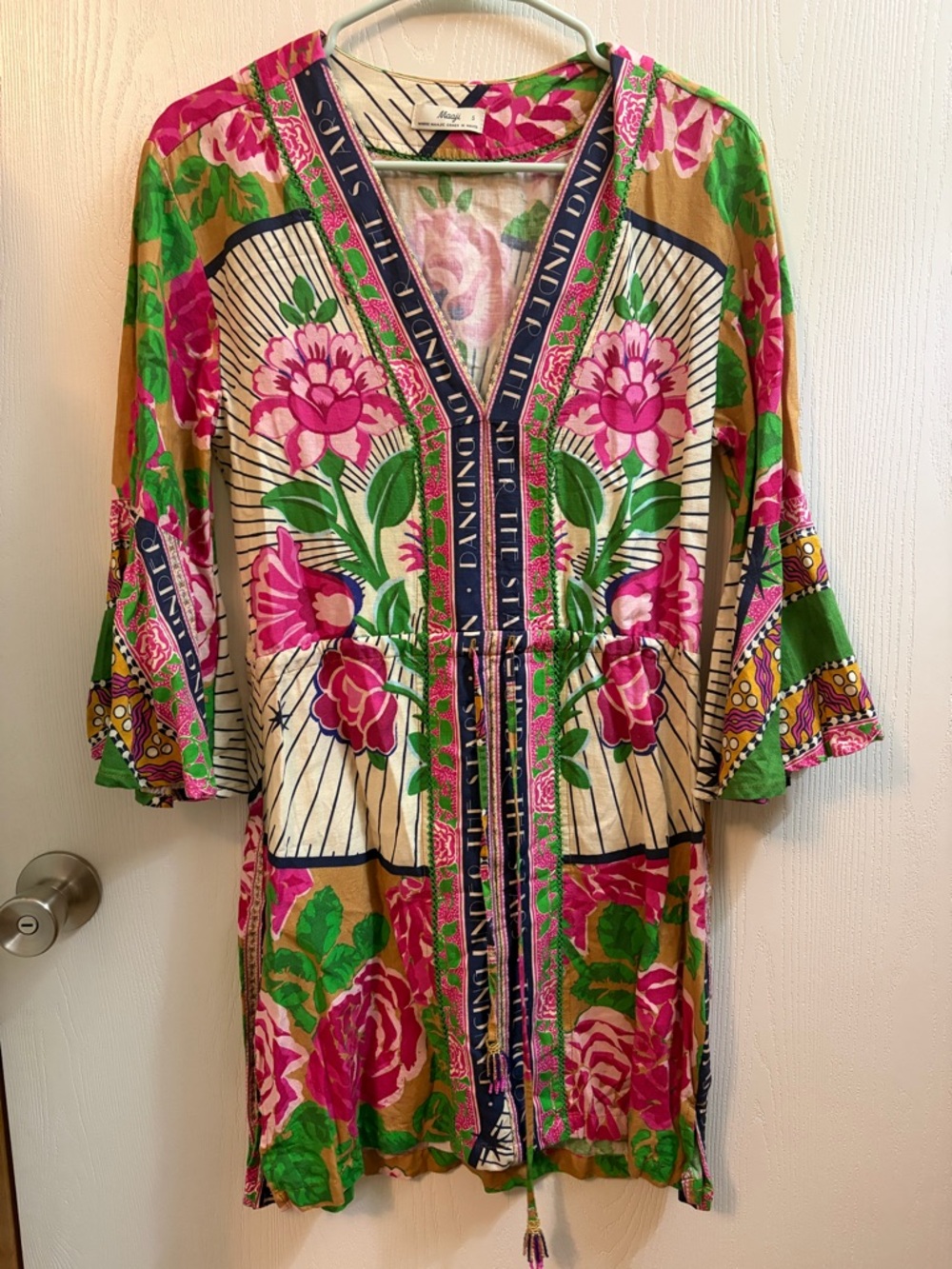 Maaji Cerise Linen Blend Floral Tassel Coverup Dress Size Small Bohemian - Picture 2 of 11